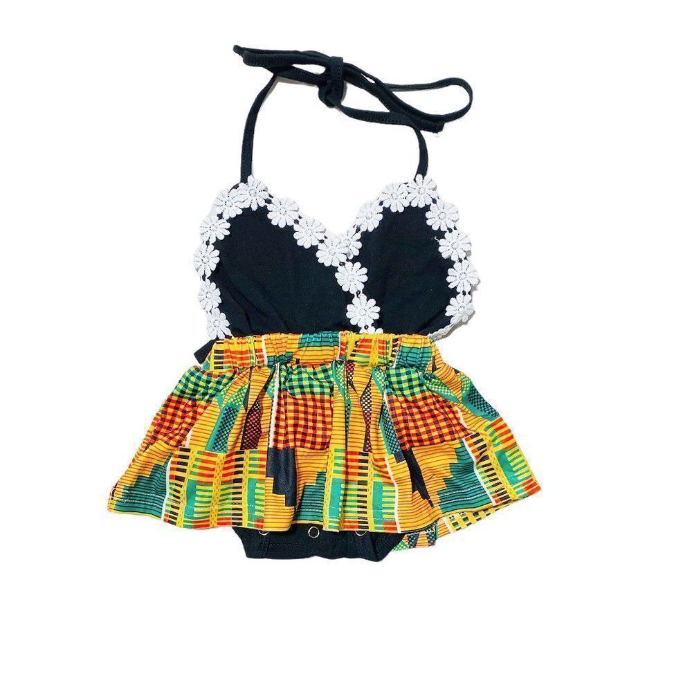 New Boho African Print Daisy Trim Skirted Pinafore Romper